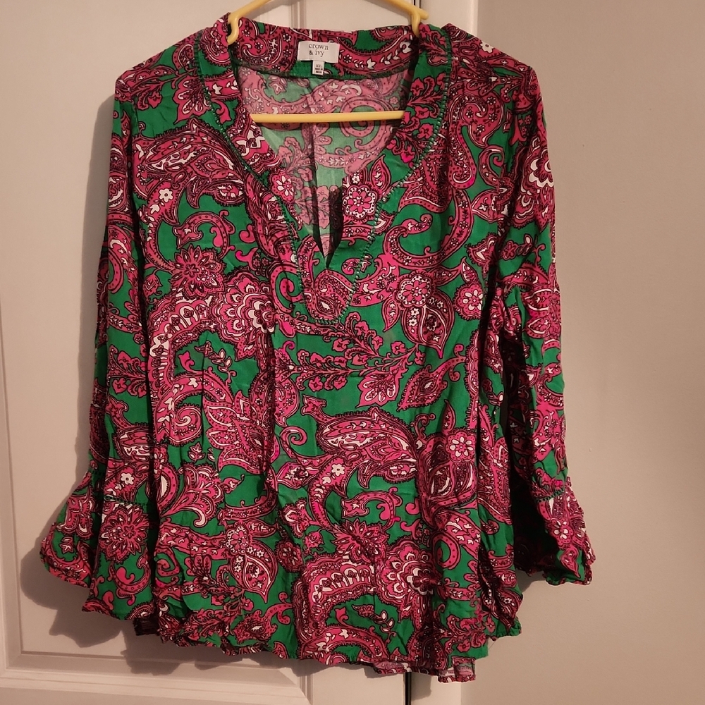 crown & ivy Green and Pink Paisley Blouse